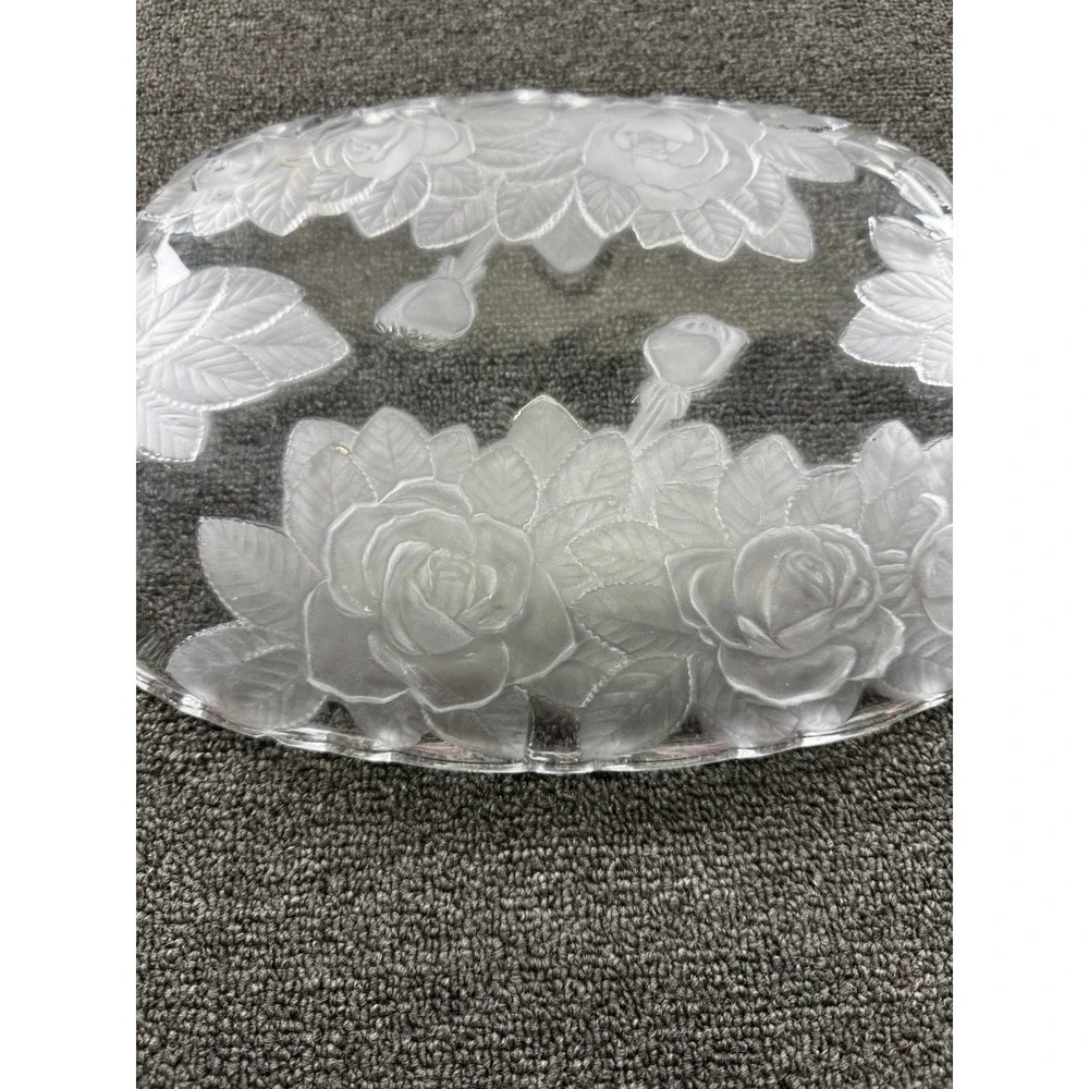 Clear Pressed Glass Oval Serving Tray, Floral‎ Rose Pattern, Decorative